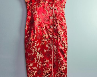 Vintage Red Cheongsam Qipao Mandarin Collar Dress for Women | Size Large