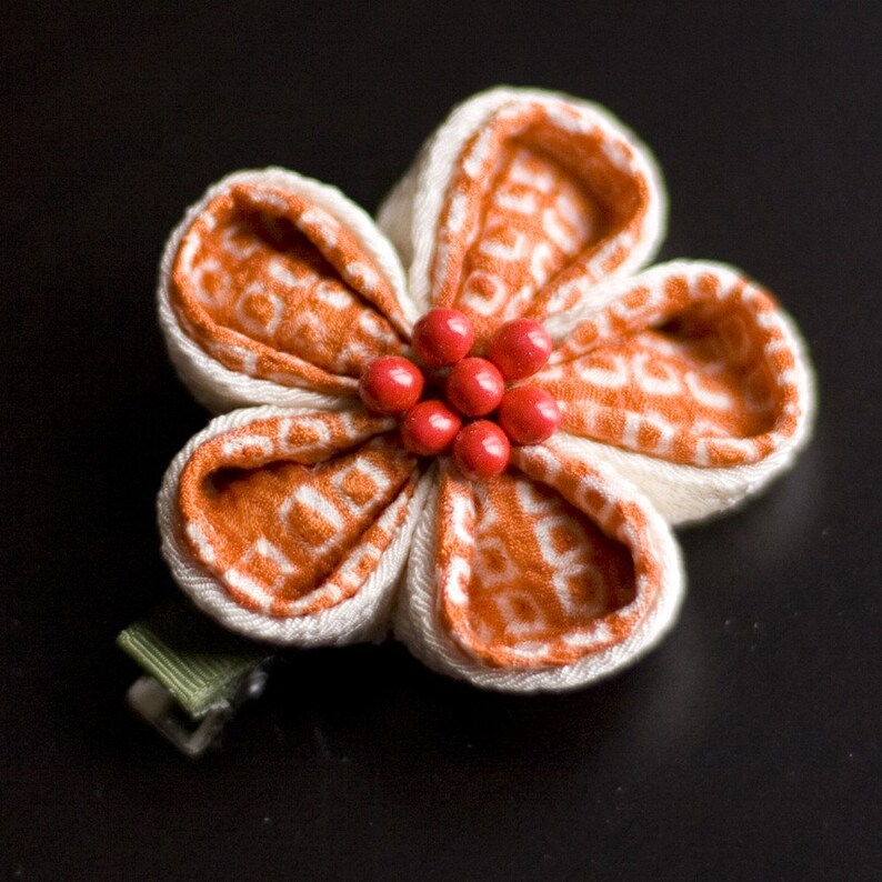 Ivory Upcycled Silk Tsunami Kanzashi Flower Hairclip Orange Shibori Summer Casual CLEARANCE Chirimen