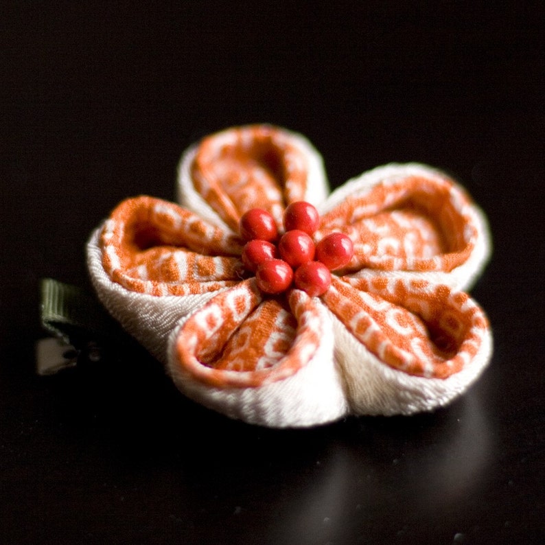 Ivory Upcycled Silk Tsunami Kanzashi Flower Hairclip Orange Shibori Summer Casual CLEARANCE Chirimen