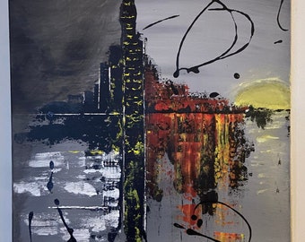 Abstract Cityscape Acrylic Painting, 18x24 Canvas Art