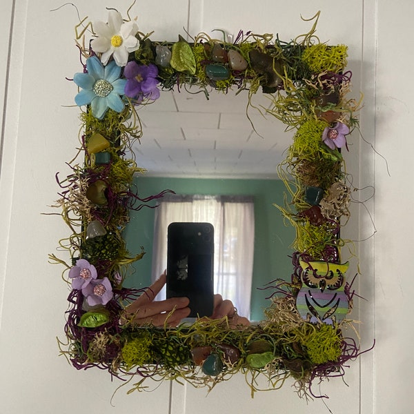 Moss mirror, owl wall art, flower wall decor, teen locker mirror