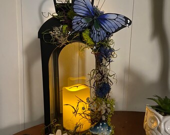 Fairy garden,  moss lantern w/butterfly and mushroom