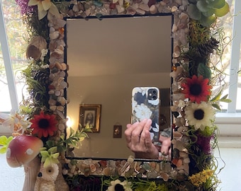 Moss Mirror: Rustic Floral Frame Decor; Owl Wall/Tabletop Decor, Decorative Mirror,