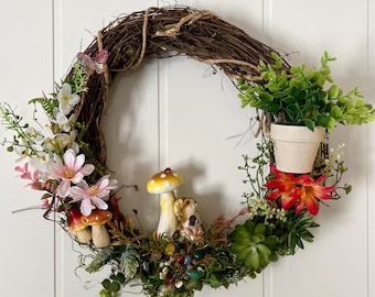 Handmade Spring Wreath: 14" Woodland Floral, Squirrel Decor