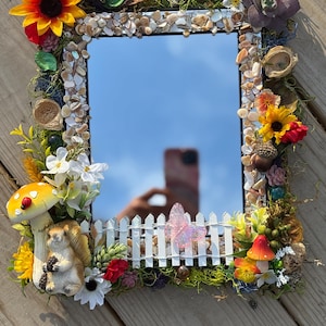 Moss mirror, woodland frame, nature decor, woodland mirror, accent mirror, magical fairy garden decor, squirrel-bird decor, tabletop art