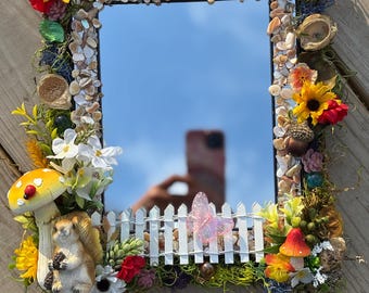 Moss Mirror, Squirrel Decor, Fairy Garden Tabletop 8x10 Frame: Garden Wall Art; Decorative Mirror