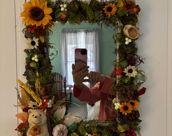 Moss Mirror: Woodland Hedgehog Decor, Fall Floral Frame (16x14x4)