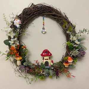 Summer wreath, fairy garden wreath, fairy garden/mushroom decor, succulent wreath, porch wreath,18” grapevine wreath, floral wall decor,