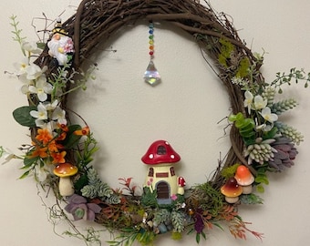 Fairy Garden Wreath: Mushroom & Succulent Decor, 18” Grapevine Wreath