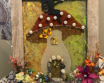Fairy House Wall Art: Crushed Glass, mushroom wall artStones, Faux Flowers (Framed Decor)