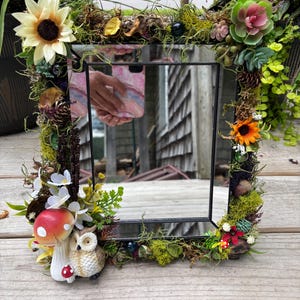 Moss mirror, woodland frame, owl tabletop/wall decor, floral mirror, teen room decor, baby shower gift, nature decor gift, gift for mom