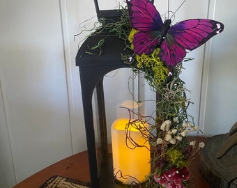 Spring moss lantern w/butterfly and mushroom