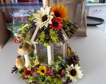 Woodland Lantern: Lighted Fairy Garden Table Centerpiece; Mushroom Decor