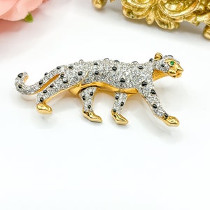 Vintage SWAROVSKI Gold Plated Leopard Pin Brooch with Clear Crystals & Black Spots Embelishments!  | Swan Marked Retired