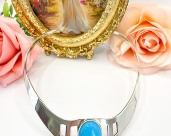 Collar vintage de piedra turquesa en plata de ley de los años 80 / Taxco México / Marcado TF-223