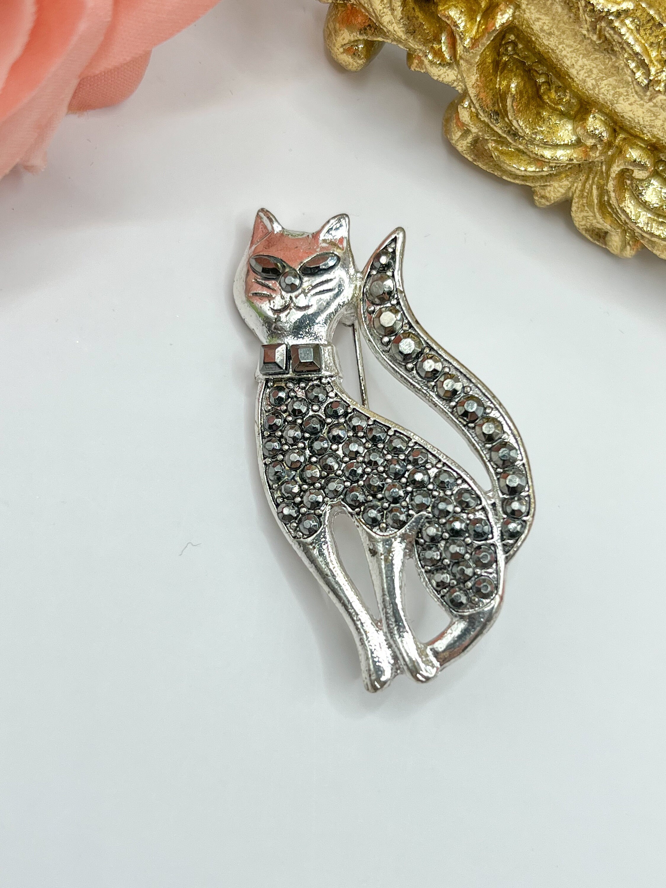 【送料込】 Tone Silver Retro Vintage Siamese Marcasite Black With Cat シルバー