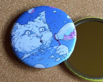 2.25 Inch Hand Mirror - Bubble Blowing Cloud Cat - Blue