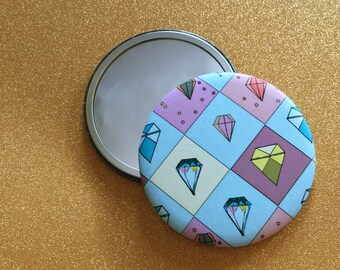 2.25 Inch Hand Mirror - Illustrated Mirror, Faceted Gem Pattern, Round Hand Mirror, Purse Mirror, Pocket Mirror, Compact Mirror, Gem Mirror