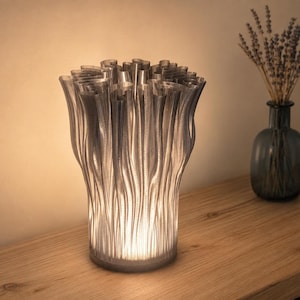 May include: A translucent, sculptural table lamp with a flared, organic shape resembling a cluster of vertical, wavy tubes. The lamp emits a warm, soft glow from its base, illuminating the textured, semi-transparent material of the structure.
