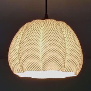 May include: A woven, beige pendant light with a rounded, textured shade. It hangs from a black ceiling mount and a slender black rod. The light is on, illuminating the room. The shade has a diameter of approximately 30 cm.