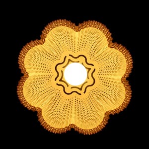 May include: A flower-shaped, yellow lampshade with a scalloped edge and a central light source. The lampshade has a woven texture and a dark brown trim, set against a black background.
