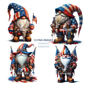 Patriotic Gnome Stickers 4th of July Clipart PNG Bundle – American Flag Watercolor Gnome Clip Art Illustrations