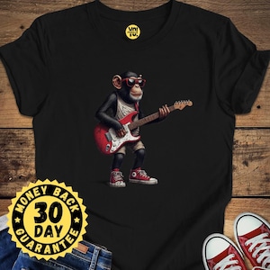 Love It or 30-Day Money-Back, Monkey Shirt, Musician Monkey Graphic Tee, Funny Animal Guitarist Shirt, Cool Ape Rocker Top