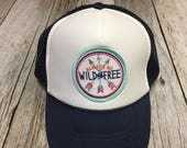 Youth/Girls Navy and White Trucker Hat- with "Always Be Wild and Free" Patch- Kids snapback