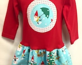 Girls Red Christmas Dress -Applique Holiday Frock with Christmas Gnomes
