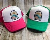 Toddler/Kids Boy and Girls Trucker Hat- Take Me To The Mountains Patch -Kelly Green/ White Trucker Cap - Hot Pink/ White Trucker Cap