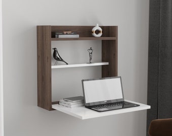 Wood Wall Mounted Foldable Laptop Desk, Space Saving Floating Brown Desk, Brown Folding Desk, Floating Study Table, Fold Down Mac Desk