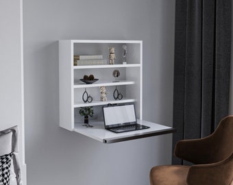 Wood Wall Mounted Foldable Laptop Desk, Space Saving Floating White Desk, White Folding Desk, Floating Study Table, Fold Down Mac Desk