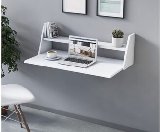 Wood White Wall Mounted Desk with Shelf, Space Saving Modern Table, Home Office Desk Table, Minimalist Modern Computer Writing Small Desk