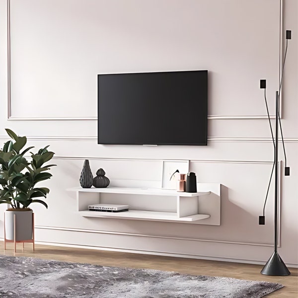 Wood White Floating Tv Stand with Shelf, Entertainment Center, Wall Mounted Tv Unit, Narrow media console,  Hallway Table, Entryway Table