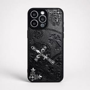 Black Gothic Cross Phone Case, Embossed Vintage Cover with Metal Details, 3 Styles