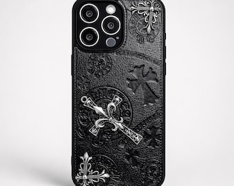 Funda para teléfono con cruz gótica negra, cubierta vintage en relieve con detalles metálicos, 3 estilos.