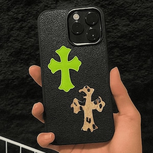 Personalized Green Gothic Cross Leather iPhone Case - Y2K Punk Style