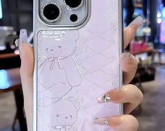 Kawaii Teddy Bear iPhone Case – Glitter Bow, Protective Phone Cover
