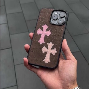 Gothic Cross Leather iPhone Case | Mother’s Day Gift, Grunge Style Phone Cover, Shockproof Protective Case, Pink Lucky Charm Design
