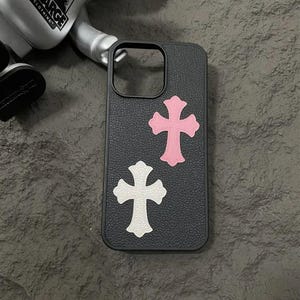 Y2K Gothic Pink White Cross iPhone Case | Grunge Style Shockproof New Year Phone Cover, Protective Goth Cell Case, Unique Holiday Gift Idea