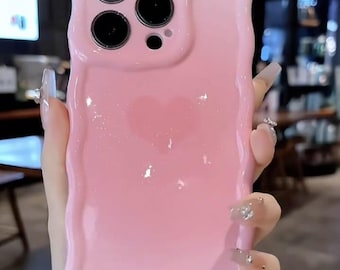 3D Wave Heart iPhone Case: Glossy Pink & Blue Matching Couple Cover