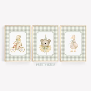 Vintage Nursery Set of 3 Prints, Duck Nursery Wall Art, Antique Gender Neutral Room Art, Green Tones Nursery Farmhouse Art, Gingham Decor