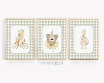Vintage Nursery Set of 3 Prints, Duck Nursery Wall Art, Antique Gender Neutral Room Art, Green Tones Nursery Farmhouse Art, Gingham Decor