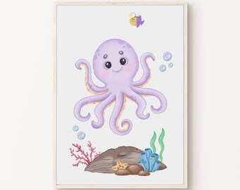 Impressions de chambre d'enfant sous la mer, affiche d'animaux océaniques, impressions de chambre de bébé garçon, art animalier marin de pieuvre, décoration de salle de jeux, téléchargement numérique