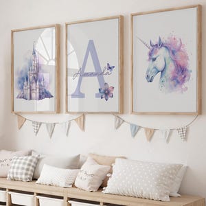 Magical Castle Wall Art, Printable Set of 3 Unicorn Poster, Girl Bedroom Decor, Custom Name Sign Print, Watercolor Girl Nursery Wall Art