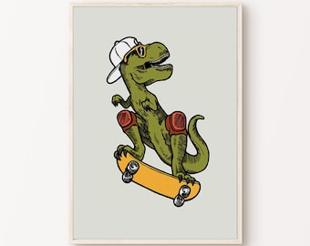 Arte mural de T-Rex, arte de dinosaurios para dormitorio infantil, póster de patinetas para sala de juegos, arte imprimible divertido de T-Rex para habitación de niño, láminas para niños pequeños