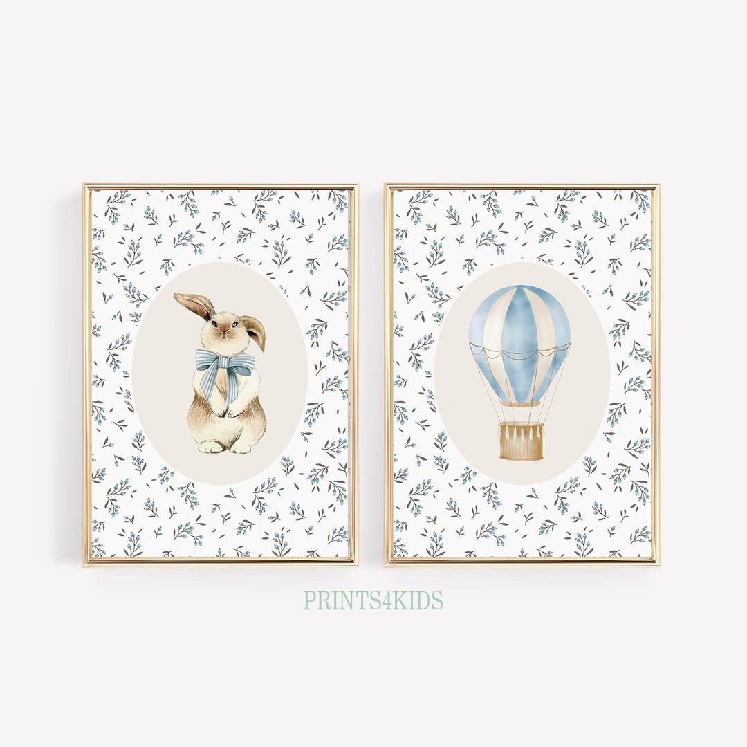Nursery Set of 2 Prints, Bunny Nursery Wall Art, Antique Baby Boy Room ...