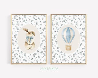Nursery Set of 2 Prints, Bunny Nursery Wall Art, Antique Baby Boy Room Art, Blue Tones Nursery Farmhouse Art, Vintage Gingham Nursery Decor