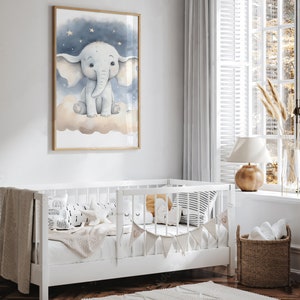 Baby Elephant Nursery Print, Printable Stars Clouds Baby Room Wall Art ...