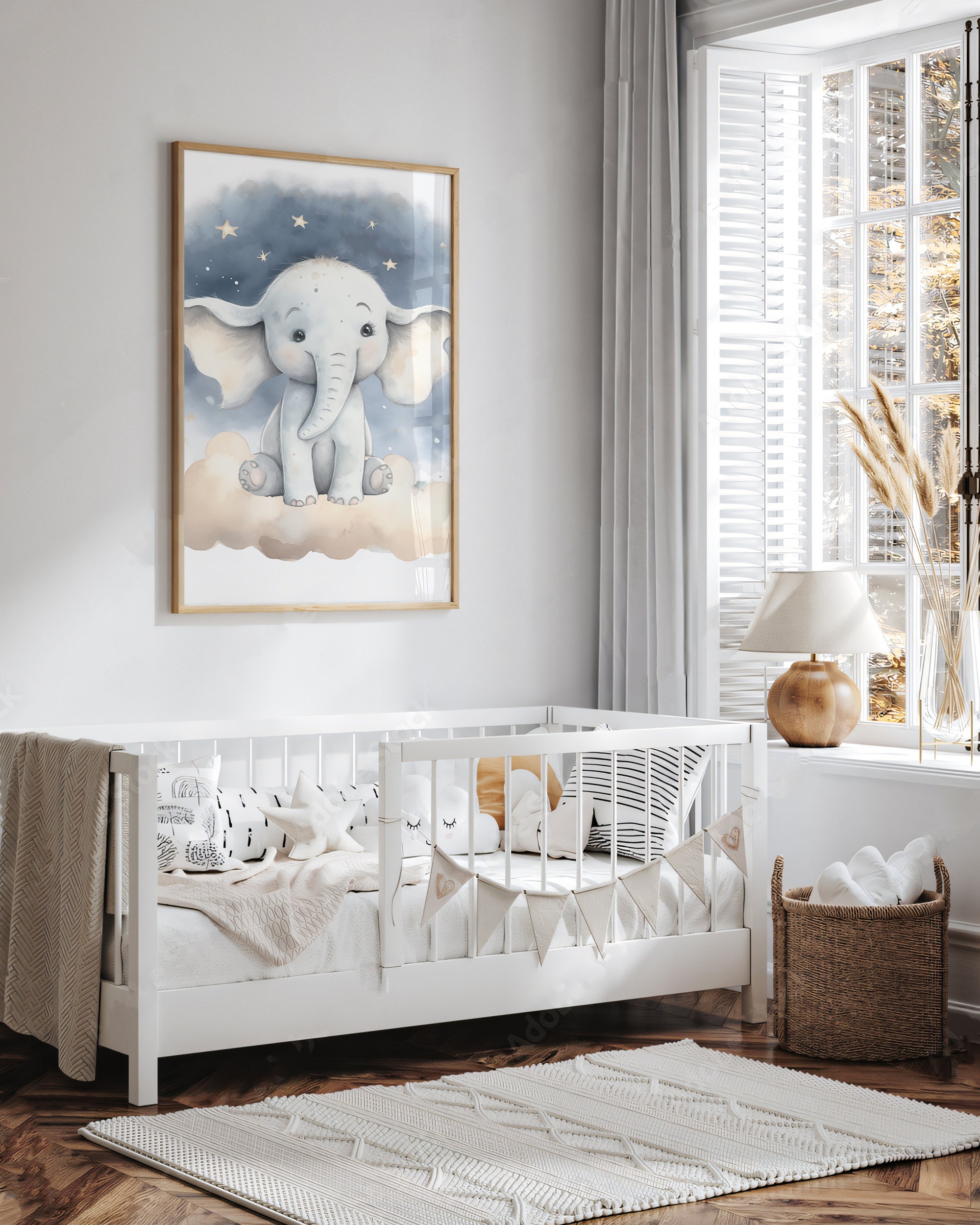 Baby Elephant Nursery Print, Printable Stars Clouds Baby Room Wall Art ...